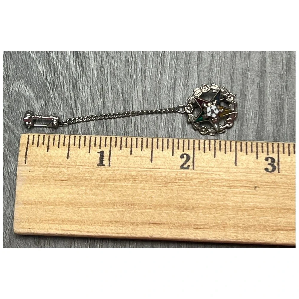 Order of the Eastern Star OES 10K White Gold Pin Brooch Gavel Guard Chain 2.2g‎